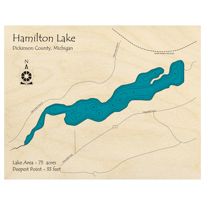 Bathymetric topo map of Hamilton Lake, MI with roads, towns and depths noted in blue water.