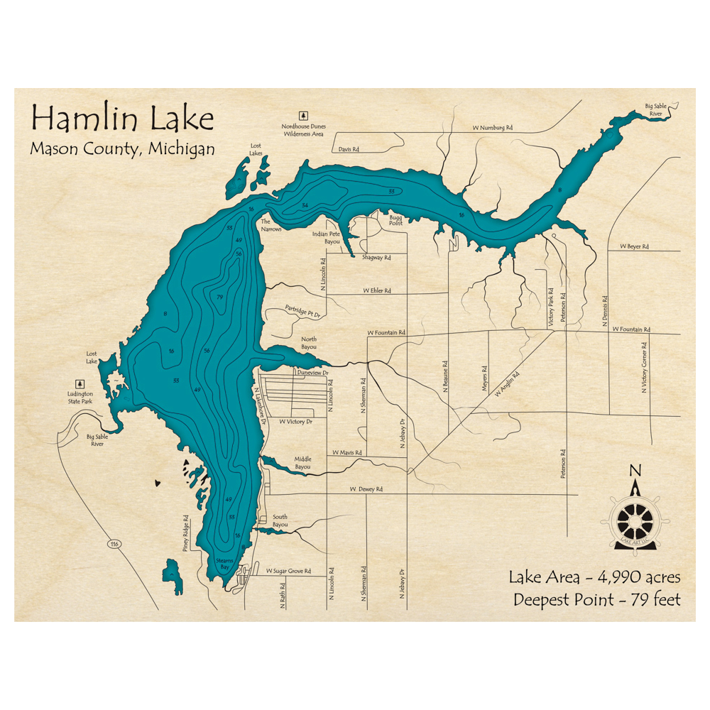 Bathymetric topo map of Hamlin Lake, MI with roads, towns and depths noted in blue water.