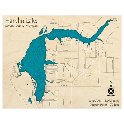 Bathymetric topo map of Hamlin Lake, MI with roads, towns and depths noted in blue water.