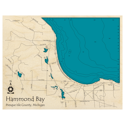 Bathymetric topo map of Hammond Bay, MI with roads, towns and depths noted in blue water.