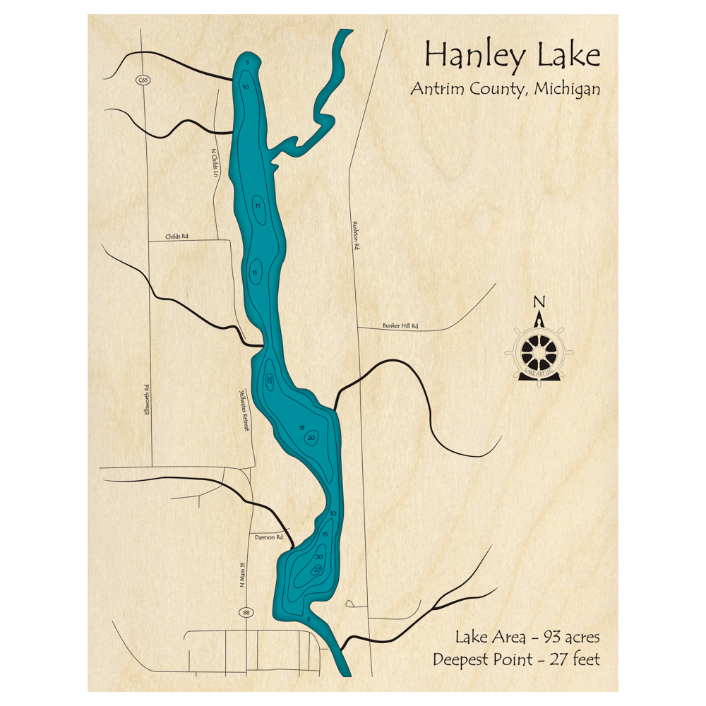 Bathymetric topo map of Hanley Lake, MI with roads, towns and depths noted in blue water.