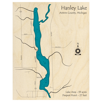 Bathymetric topo map of Hanley Lake, MI with roads, towns and depths noted in blue water.