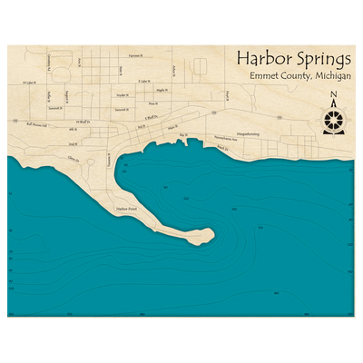 Bathymetric topo map of Harbor Springs, MI with roads, towns and depths noted in blue water.