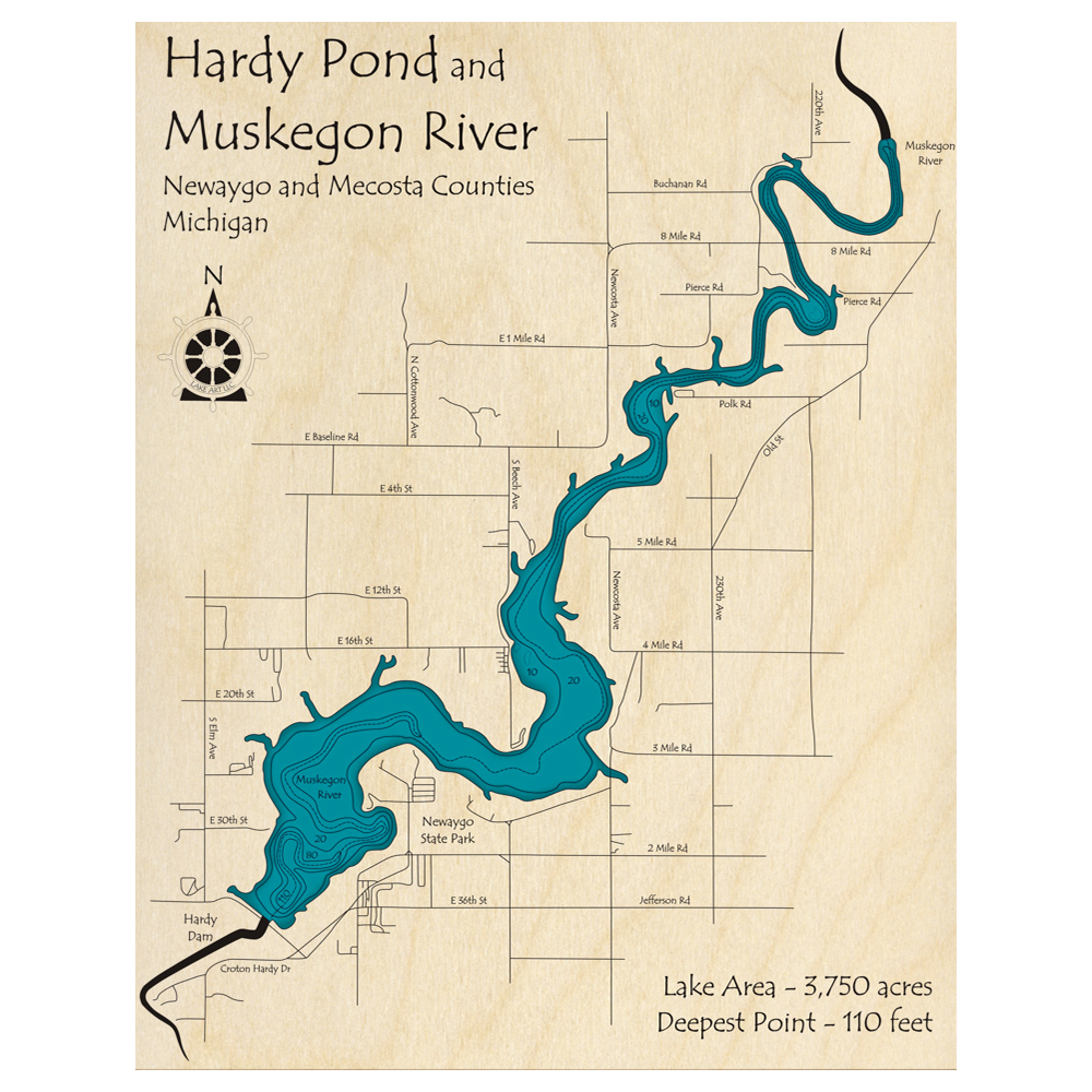 Bathymetric topo map of Hardy Dam Pond - Muskegon River, MI with roads, towns and depths noted in blue water.