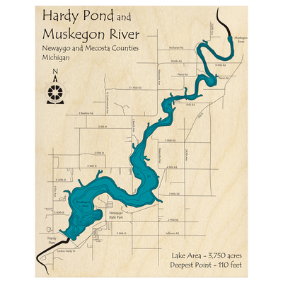 Bathymetric topo map of Hardy Dam Pond - Muskegon River, MI with roads, towns and depths noted in blue water.