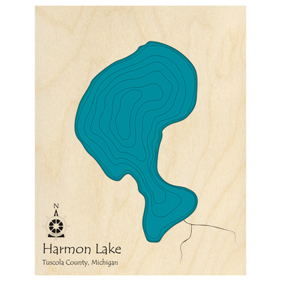 Bathymetric topo map of Harmon Lake, MI with roads, towns and depths noted in blue water.