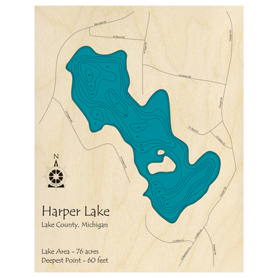 Bathymetric topo map of Harper Lake, MI with roads, towns and depths noted in blue water.