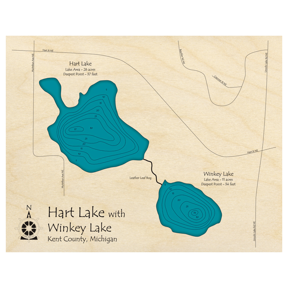Bathymetric topo map of Hart Lake, MI with roads, towns and depths noted in blue water.