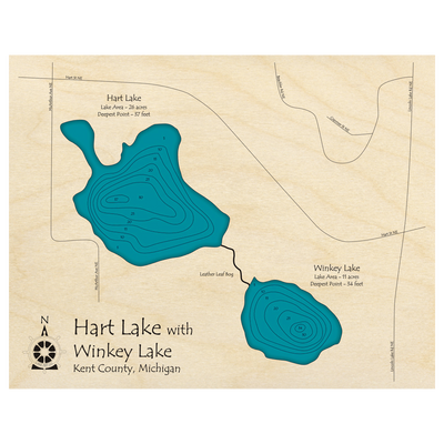 Bathymetric topo map of Hart Lake, MI with roads, towns and depths noted in blue water.