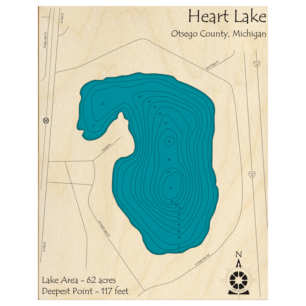 Bathymetric topo map of Heart Lake, MI with roads, towns and depths noted in blue water.