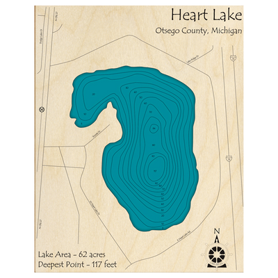 Bathymetric topo map of Heart Lake, MI with roads, towns and depths noted in blue water.