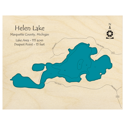 Bathymetric topo map of Helen Lake, MI with roads, towns and depths noted in blue water.
