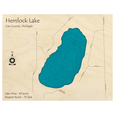 Bathymetric topo map of Hemlock Lake, MI with roads, towns and depths noted in blue water.