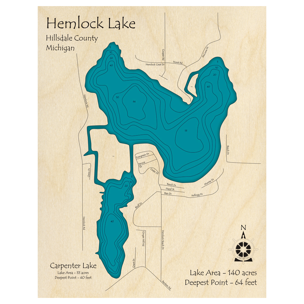 Bathymetric topo map of Hemlock Lake, MI with roads, towns and depths noted in blue water.