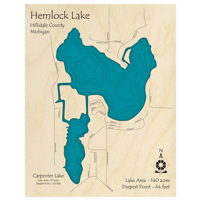 Bathymetric topo map of Hemlock Lake, MI with roads, towns and depths noted in blue water.