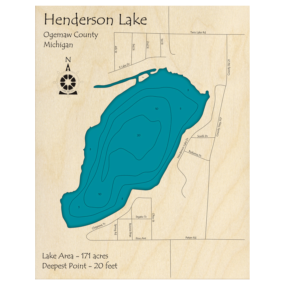 Bathymetric topo map of Henderson Lake, MI with roads, towns and depths noted in blue water.