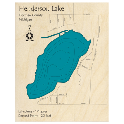 Bathymetric topo map of Henderson Lake, MI with roads, towns and depths noted in blue water.