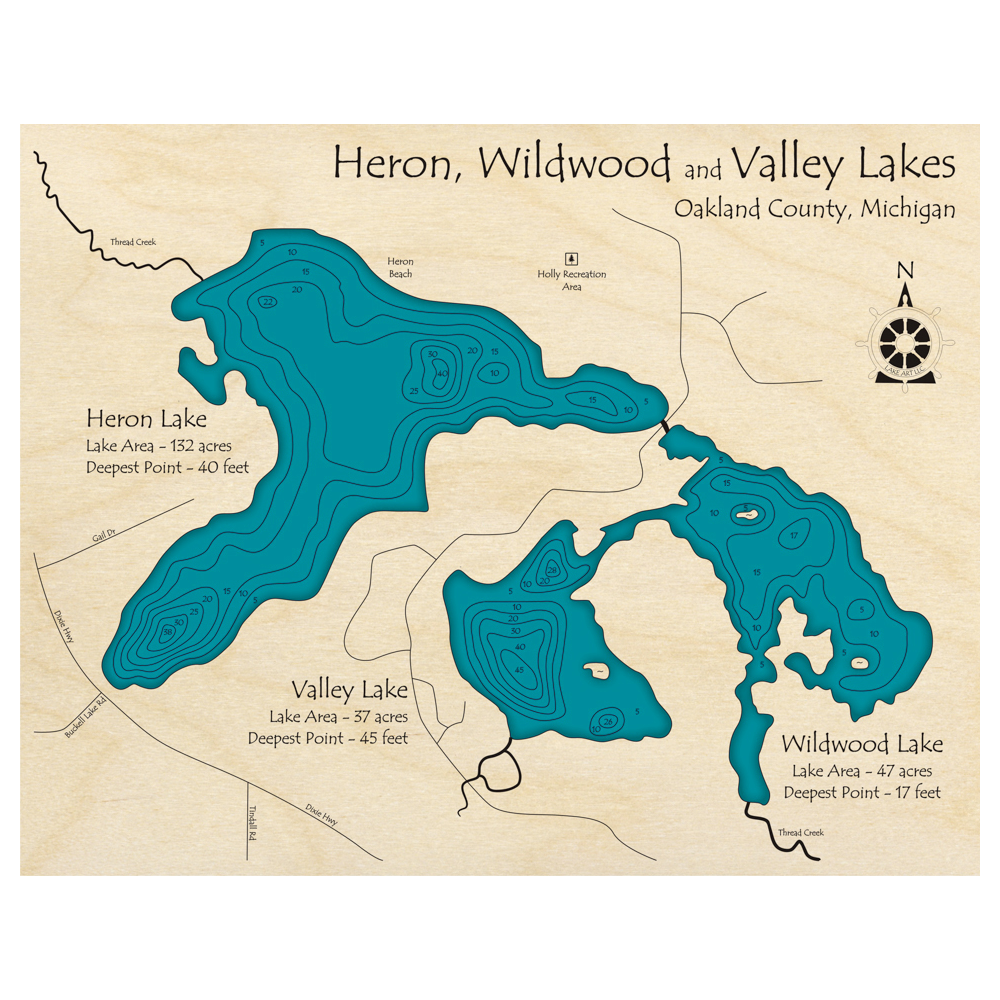 Bathymetric topo map of Heron, Wildwood and Valley Lakes, MI with roads, towns and depths noted in blue water.