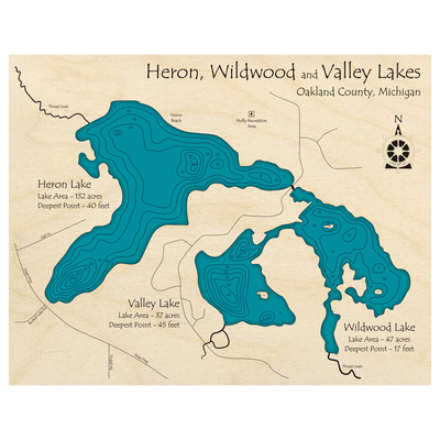 Bathymetric topo map of Heron, Wildwood and Valley Lakes, MI with roads, towns and depths noted in blue water.