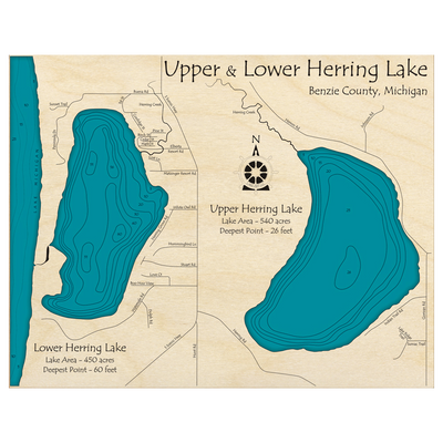 Bathymetric topo map of Herring Lake, MI with roads, towns and depths noted in blue water.