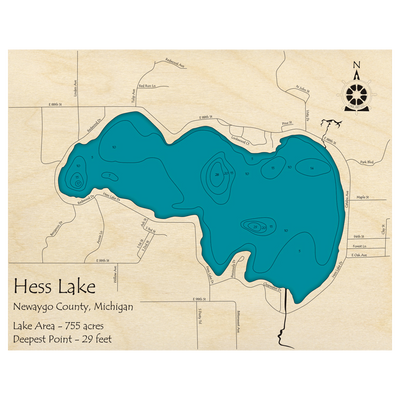 Bathymetric topo map of Hess Lake, MI with roads, towns and depths noted in blue water.
