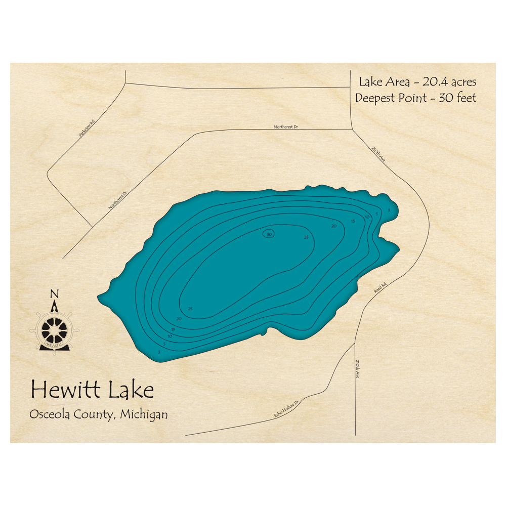 Bathymetric topo map of Hewitt Lake, MI with roads, towns and depths noted in blue water.