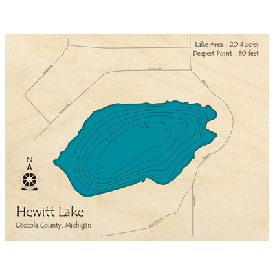 Bathymetric topo map of Hewitt Lake, MI with roads, towns and depths noted in blue water.