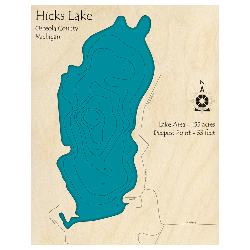 Bathymetric topo map of Hicks Lake, MI with roads, towns and depths noted in blue water.