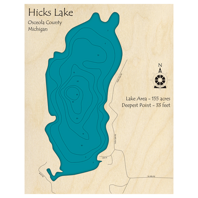 Bathymetric topo map of Hicks Lake, MI with roads, towns and depths noted in blue water.