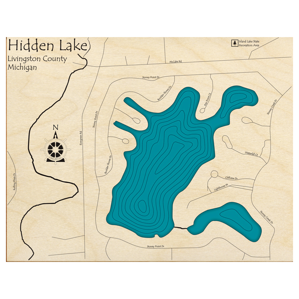 Bathymetric topo map of Hidden Lake, MI with roads, towns and depths noted in blue water.