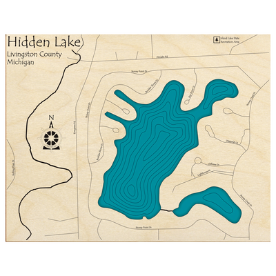 Bathymetric topo map of Hidden Lake, MI with roads, towns and depths noted in blue water.
