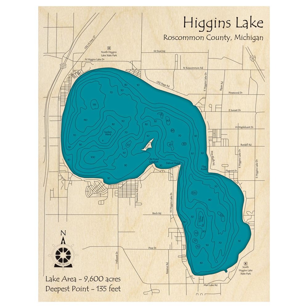 Bathymetric topo map of Higgins Lake, MI with roads, towns and depths noted in blue water.