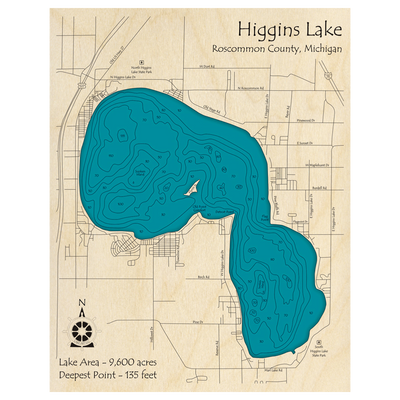 Bathymetric topo map of Higgins Lake, MI with roads, towns and depths noted in blue water.