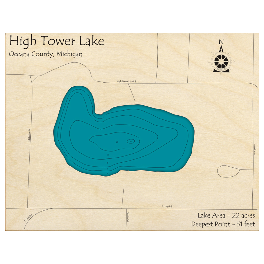 Bathymetric topo map of High Tower Lake, MI with roads, towns and depths noted in blue water.