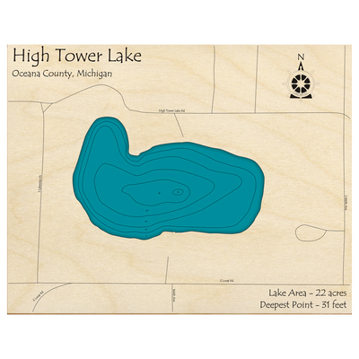 Bathymetric topo map of High Tower Lake, MI with roads, towns and depths noted in blue water.