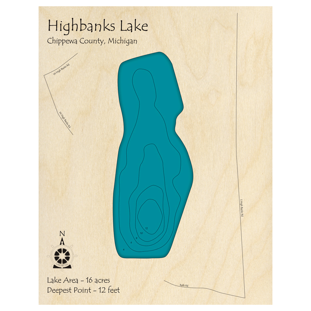 Bathymetric topo map of Highbanks Lake, MI with roads, towns and depths noted in blue water.