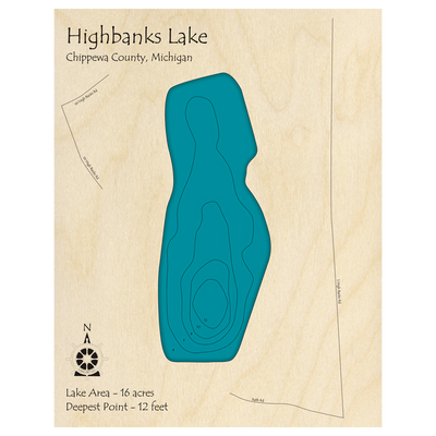 Bathymetric topo map of Highbanks Lake, MI with roads, towns and depths noted in blue water.