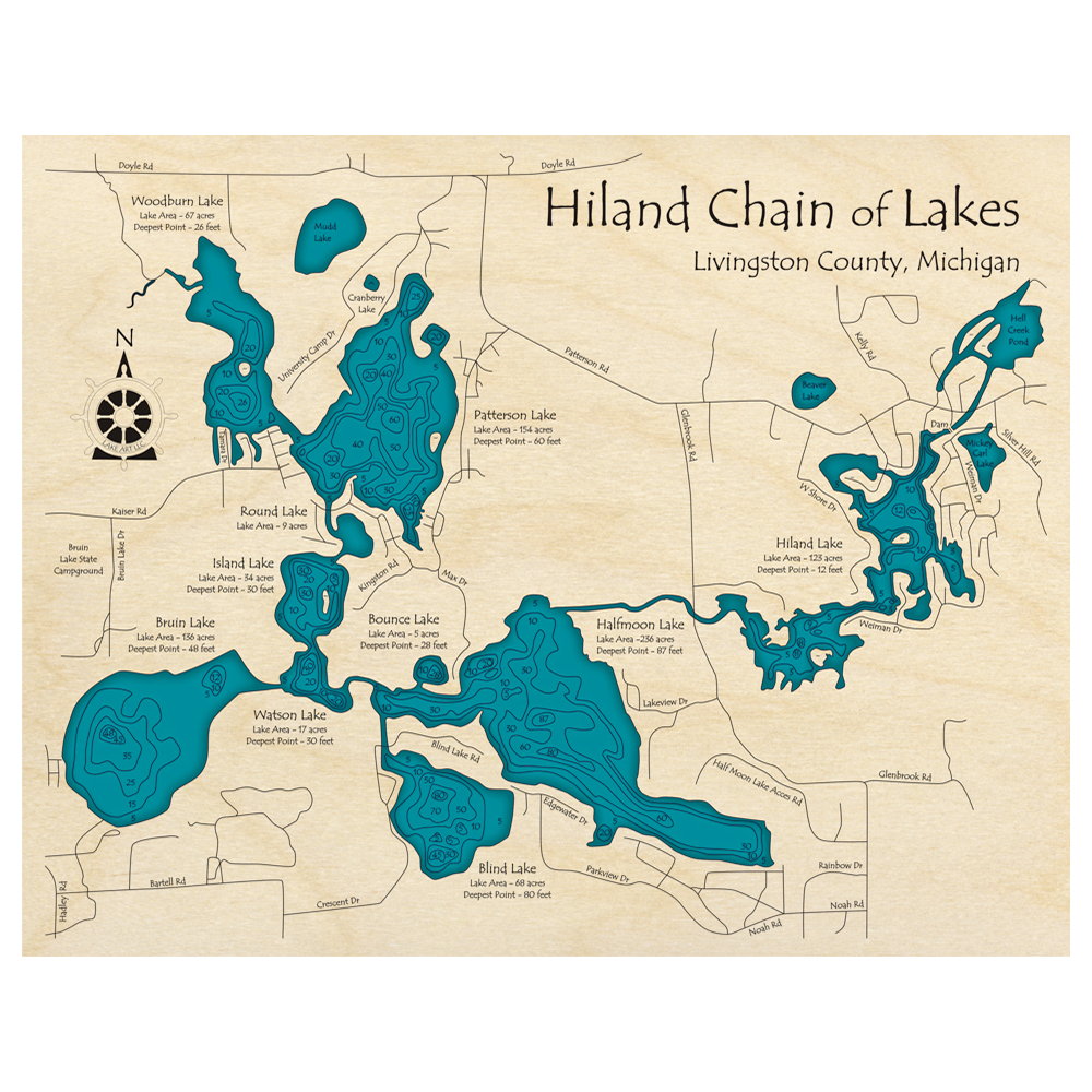 Bathymetric topo map of Hiland Chain, MI with roads, towns and depths noted in blue water.