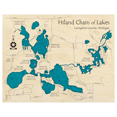 Bathymetric topo map of Hiland Chain, MI with roads, towns and depths noted in blue water.