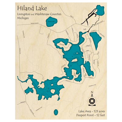 Bathymetric topo map of Hiland Lake, MI with roads, towns and depths noted in blue water.