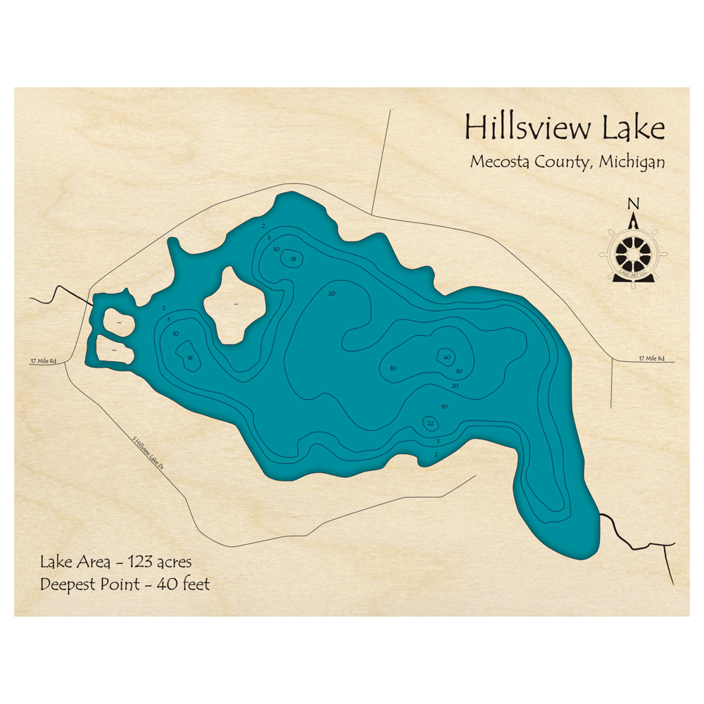 Bathymetric topo map of Hillsview Lake, MI with roads, towns and depths noted in blue water.