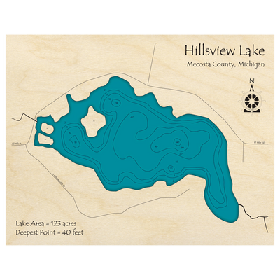 Bathymetric topo map of Hillsview Lake, MI with roads, towns and depths noted in blue water.