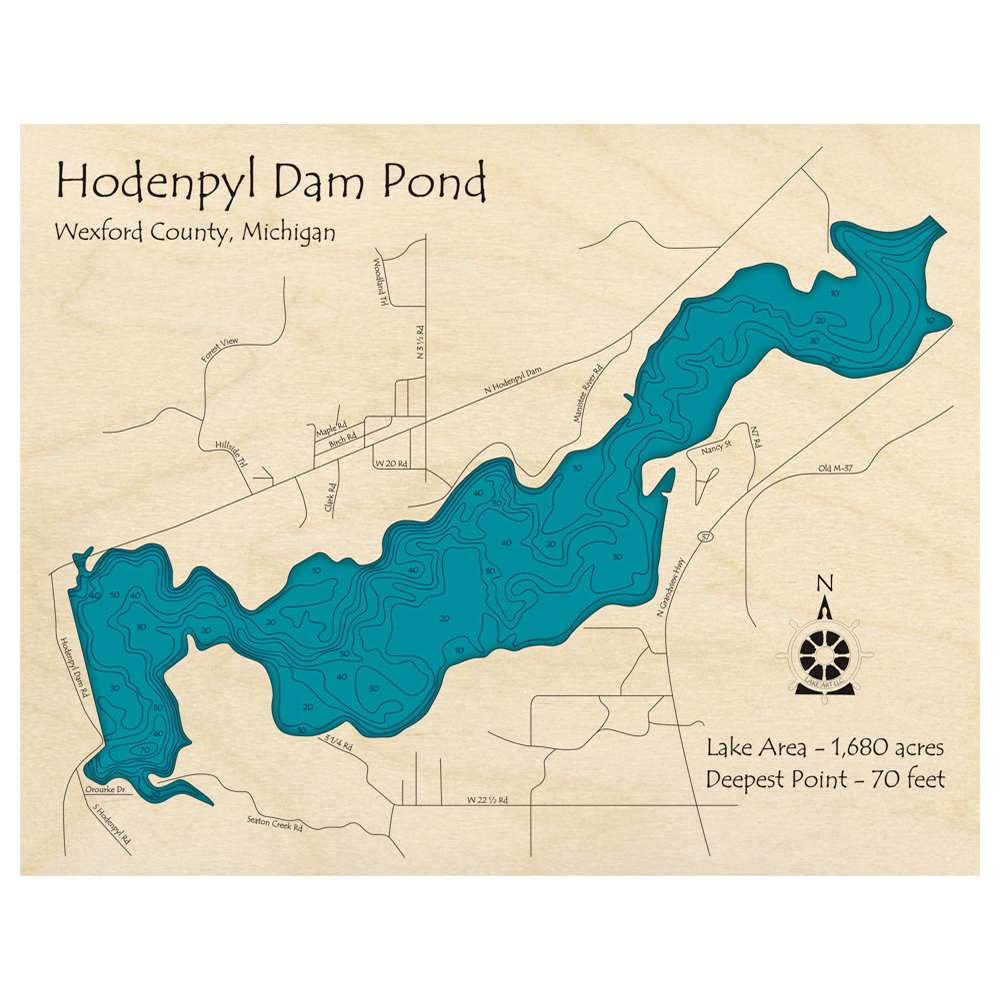 Bathymetric topo map of Hodenpyl Dam Pond, MI with roads, towns and depths noted in blue water.