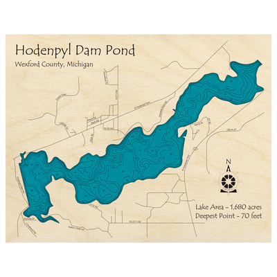 Bathymetric topo map of Hodenpyl Dam Pond, MI with roads, towns and depths noted in blue water.