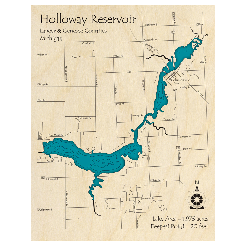 Bathymetric topo map of Holloway Reservoir, MI with roads, towns and depths noted in blue water.