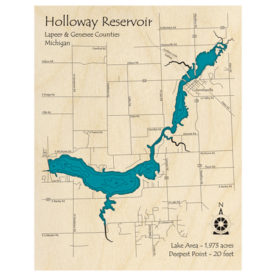Bathymetric topo map of Holloway Reservoir, MI with roads, towns and depths noted in blue water.