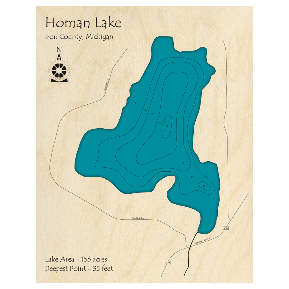 Bathymetric topo map of Homan Lake, MI with roads, towns and depths noted in blue water.
