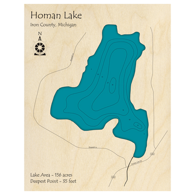 Bathymetric topo map of Homan Lake, MI with roads, towns and depths noted in blue water.