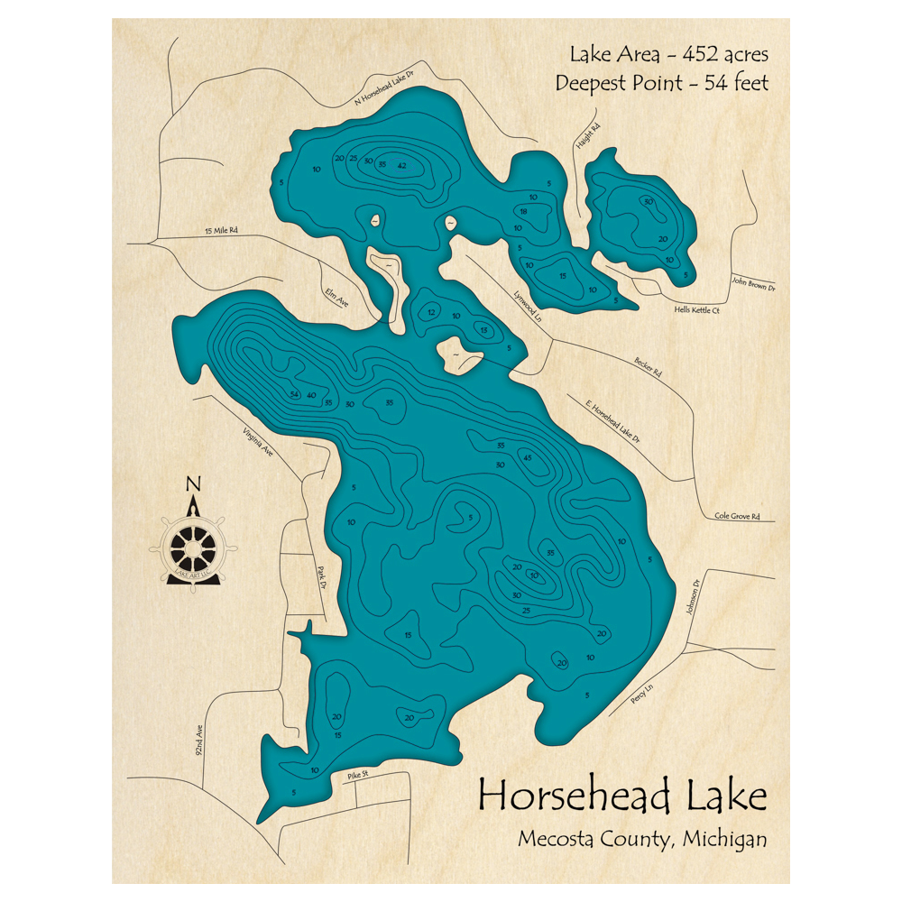 Bathymetric topo map of Horsehead Lake, MI with roads, towns and depths noted in blue water.