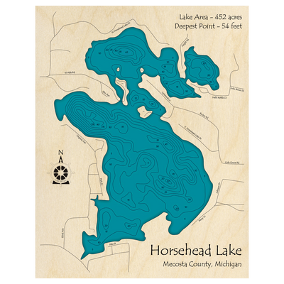 Bathymetric topo map of Horsehead Lake, MI with roads, towns and depths noted in blue water.